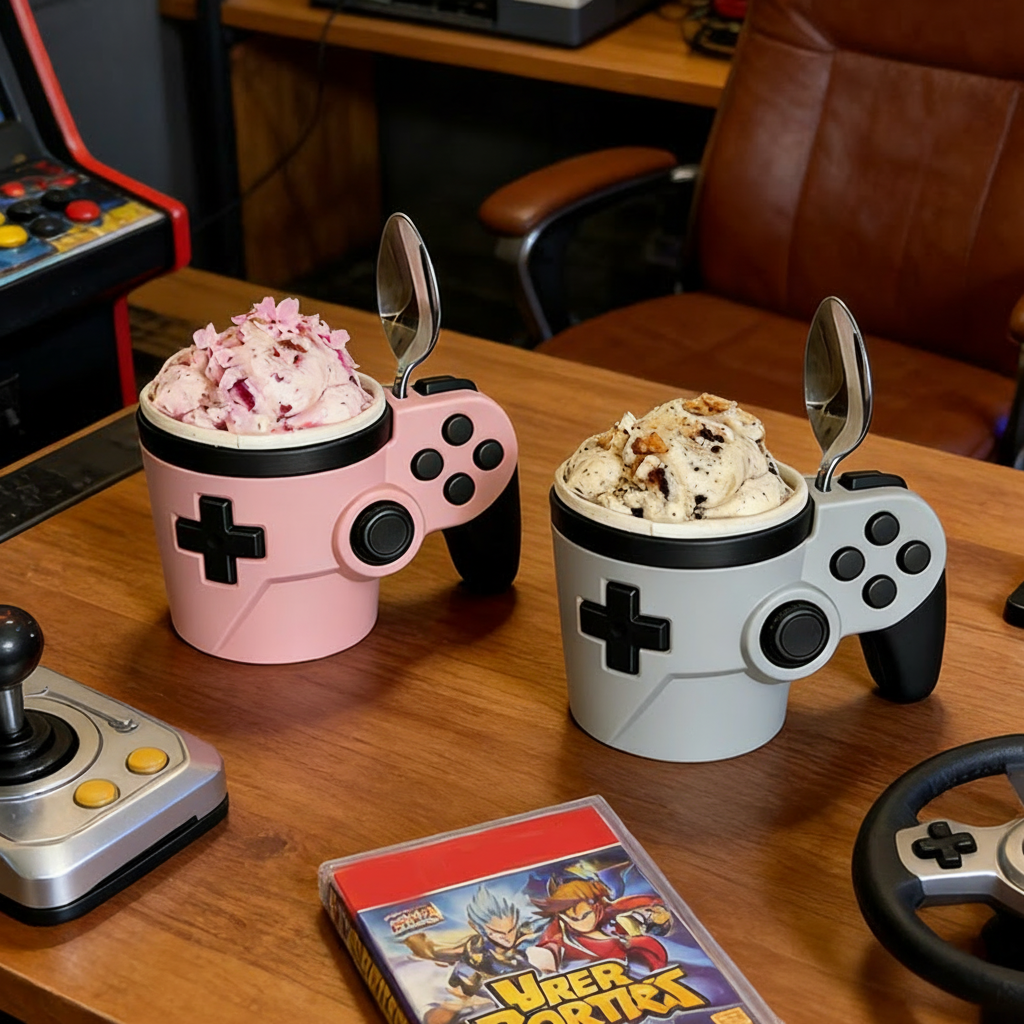Personalized Couple Morden Controller Gamer Ice Cream Pint Holder with Spoon Slots Eco-Friendly 3D Print for Game Lovers