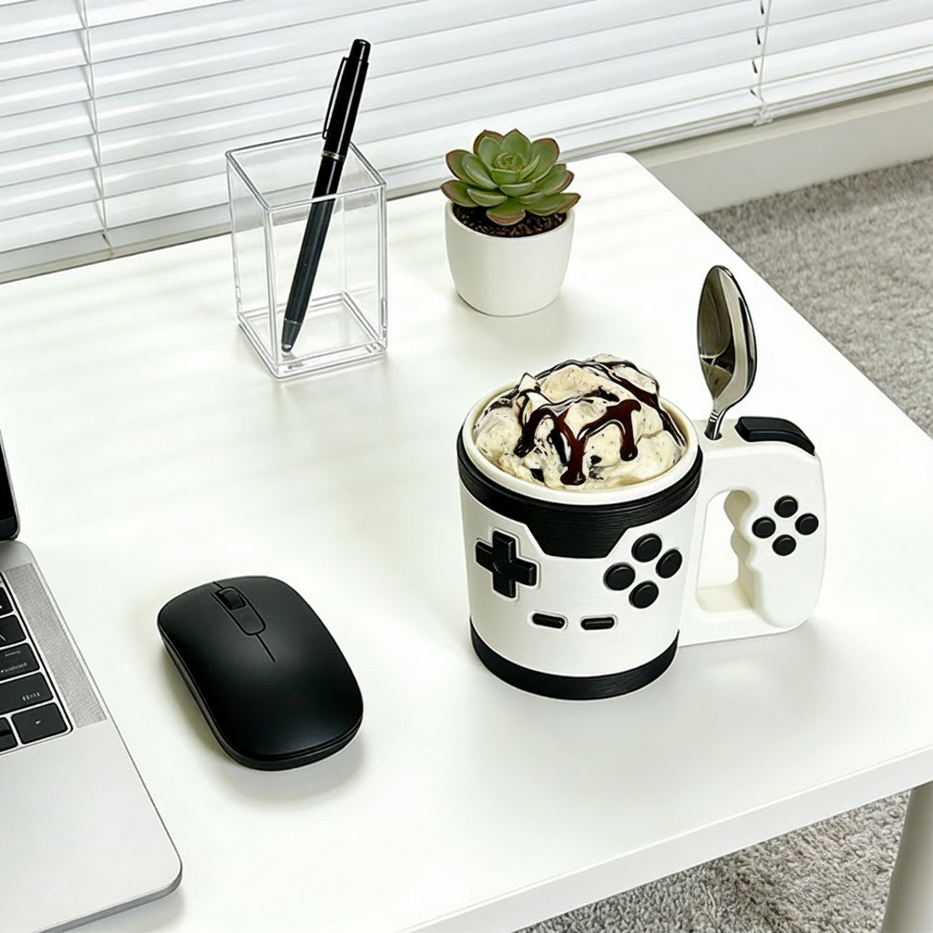 Personalized Couple Vintage Style Controller Gamer Ice Cream Pint Holder with Spoon Slots Eco-Friendly 3D Print for Game Lovers