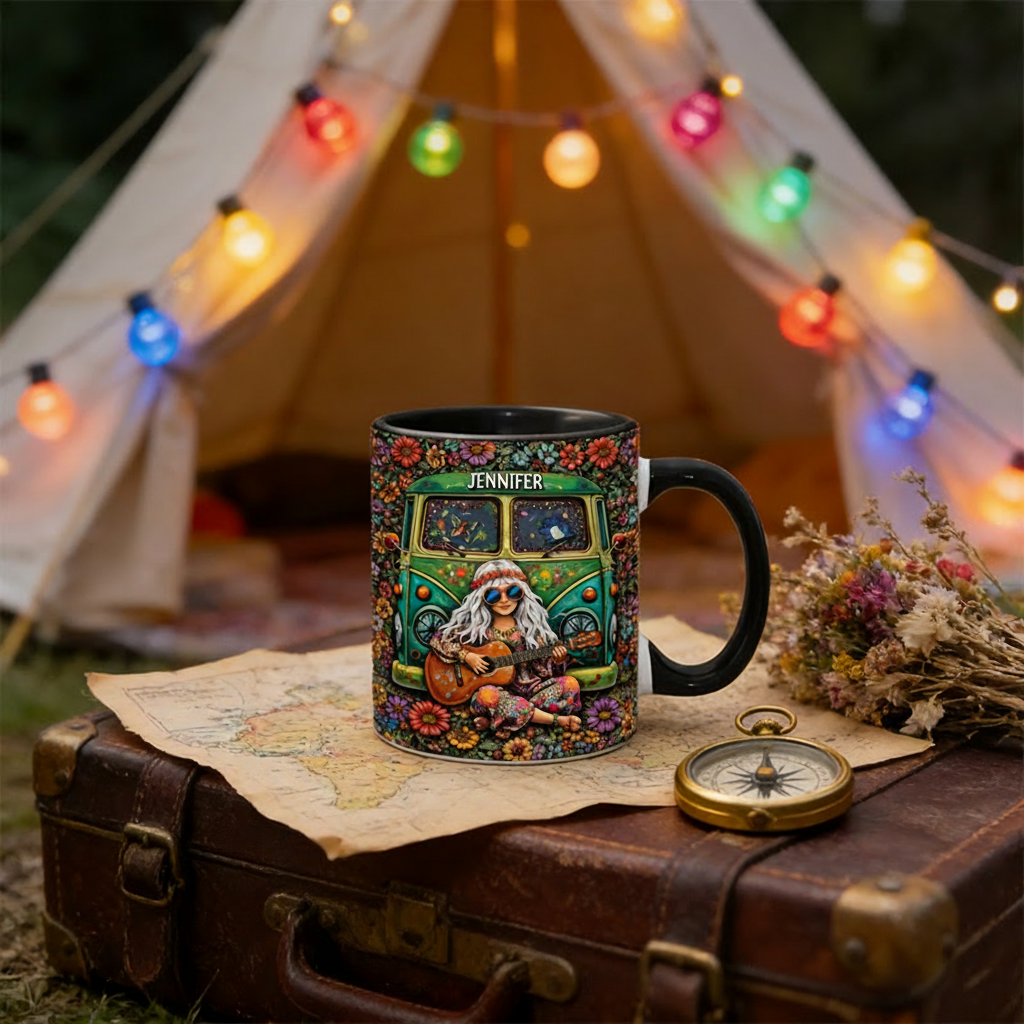Personalized Flora Hippie Guitar Girl Music Mug Custom Name Colorful Hippie Car Hippie Coffee Mug Bohemian Coffee Mug
