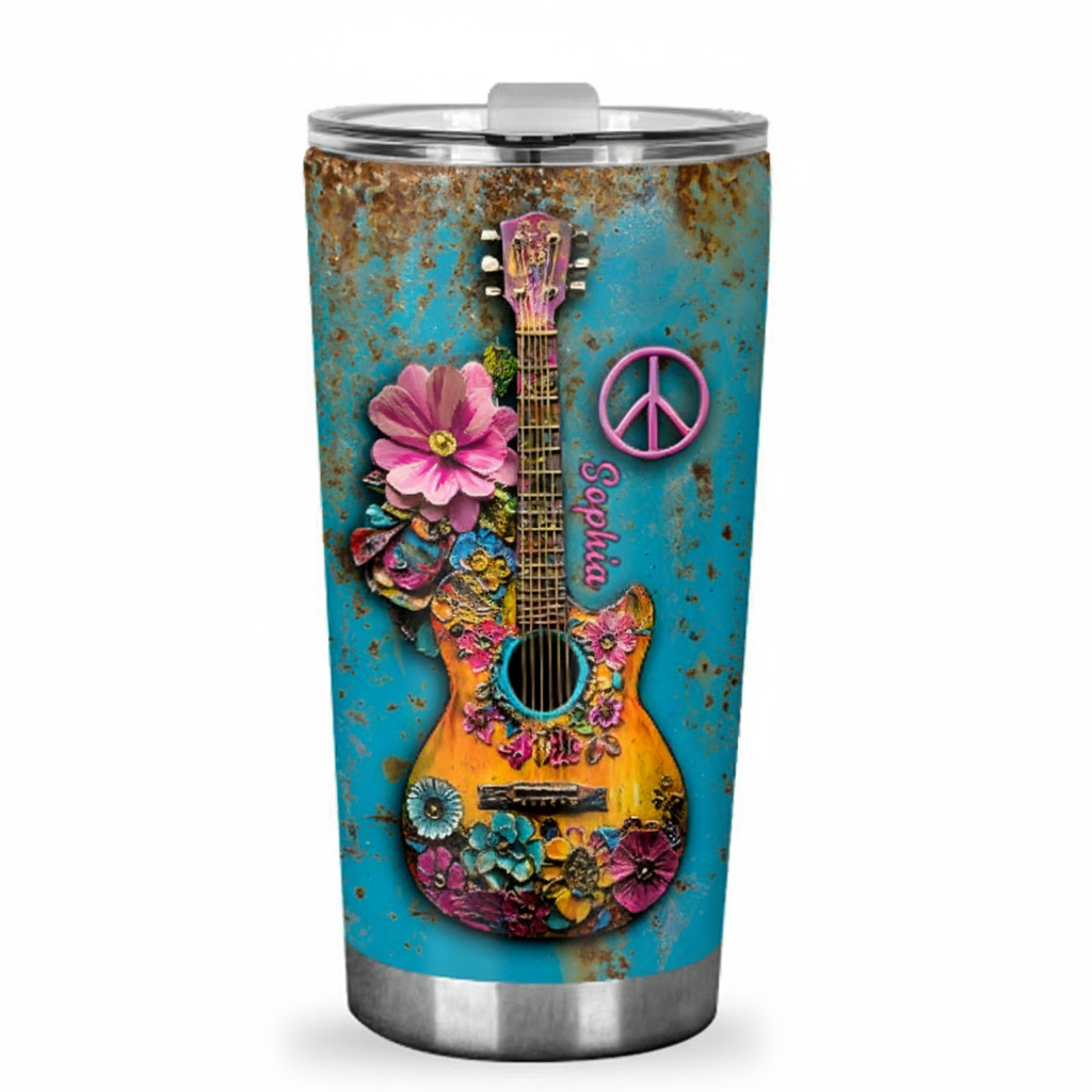 Personalized 2D Flat Peaceful Guitar Vibes 20oz Tumbler Custom Hippie Themed Tumbler for Music Lovers