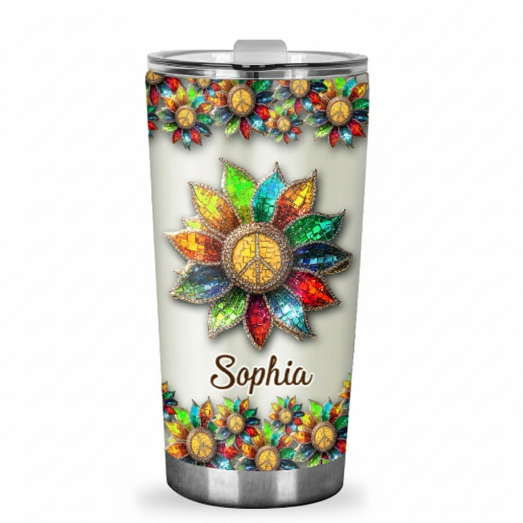 Personalized 2D Flat Flower Melody 20oz Tumbler Custom Hippie Themed Tumbler for Music Lovers