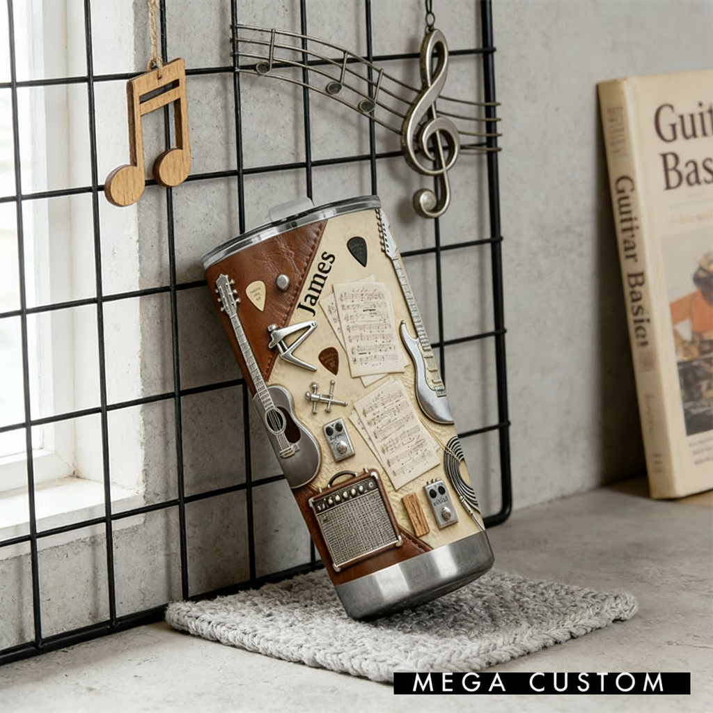Personalized 2D Flat Vintage Music Notes 20oz Tumbler Custom Guitar Themed Tumbler for Music Lovers