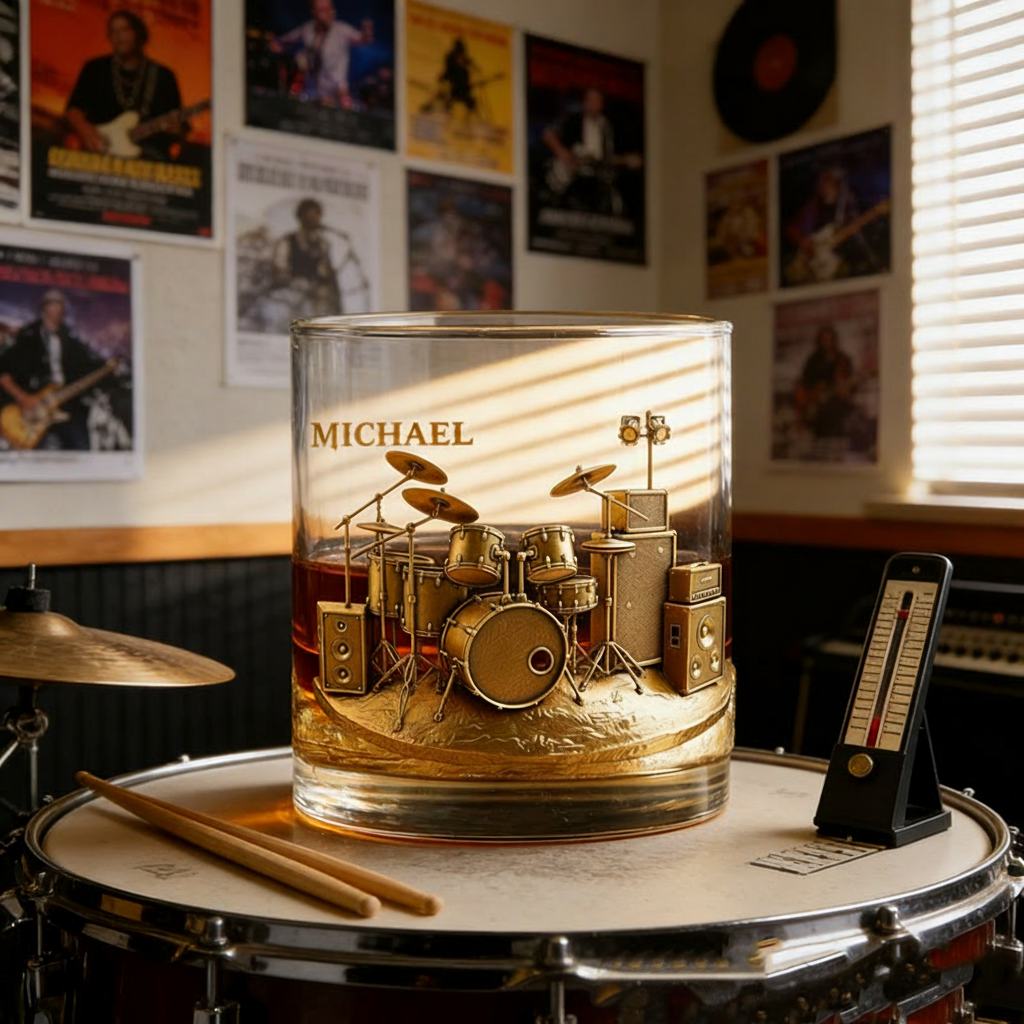 Personalized Drum Set Whiskey Glass Custom Name Whiskey Glass Engraved Glasses Gift Drummer Birthday Concert Holiday Gift