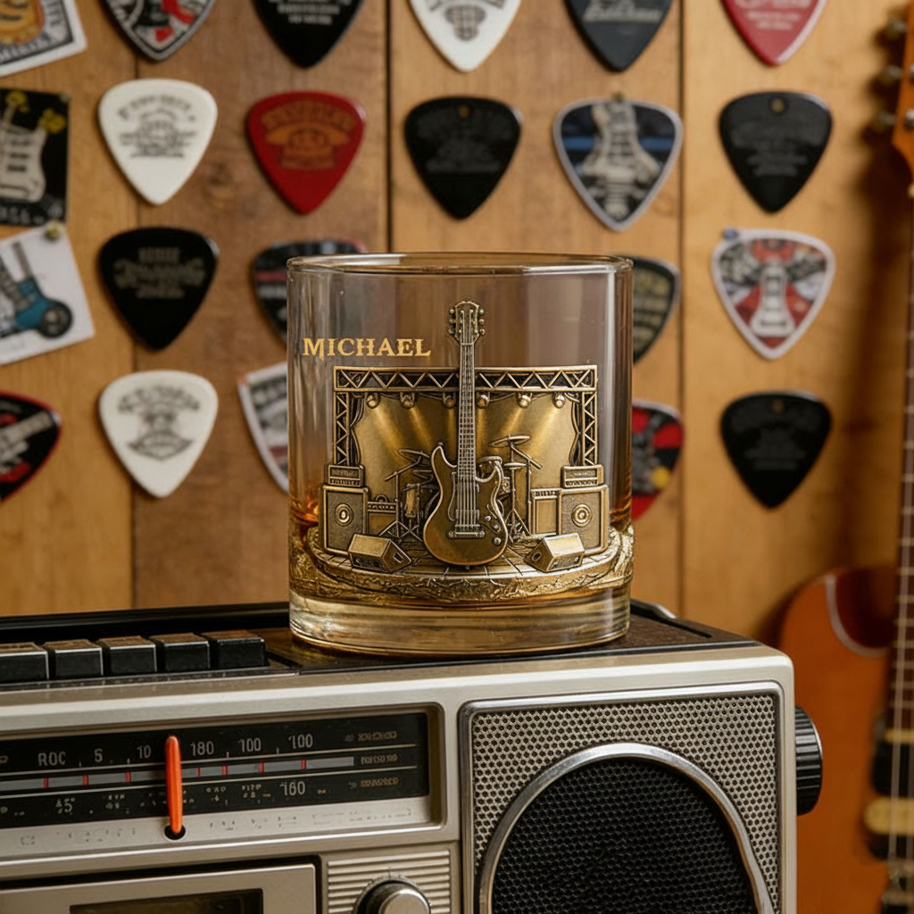 Personalized Electric Guitar Whiskey Glass Custom Name Whiskey Glass Engraved Glasses Gift Guitarist Birthday Concert Holiday Gift
