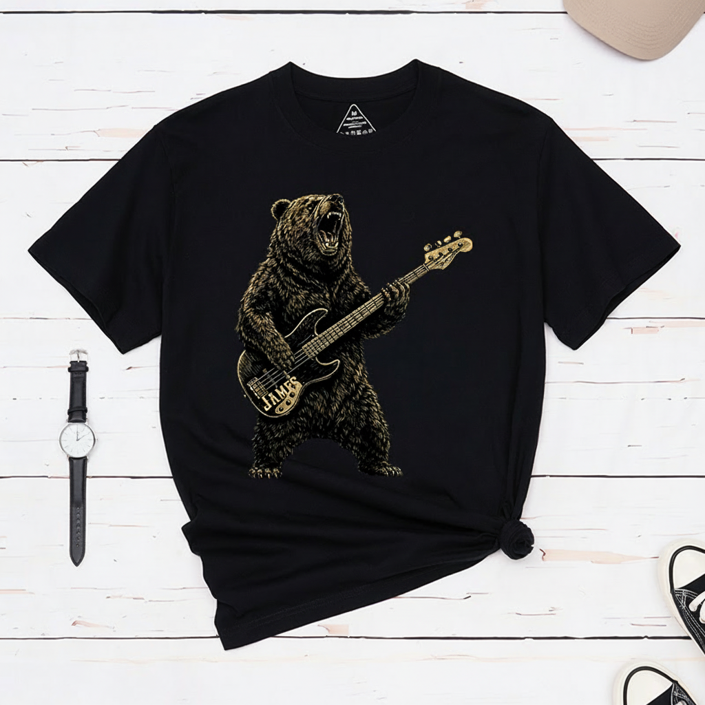 Personalized Classic T-Shirts Rock Bear Guitarist T-Shirt Vintage Music Tarot Graphic Tee for Music Lovers