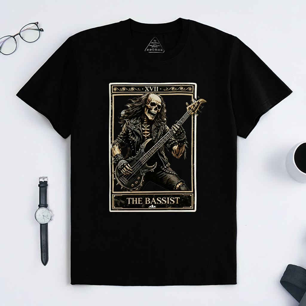 Personalized Classic T-Shirts The Bassist Skull T-Shirt Vintage Music Tarot Graphic Tee for Music Lovers