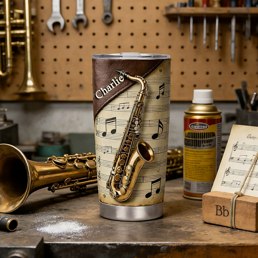 Personalized 2D Flat Golden Melody 20oz Tumbler Custom Saxophone Themed Tumbler for Music Lovers