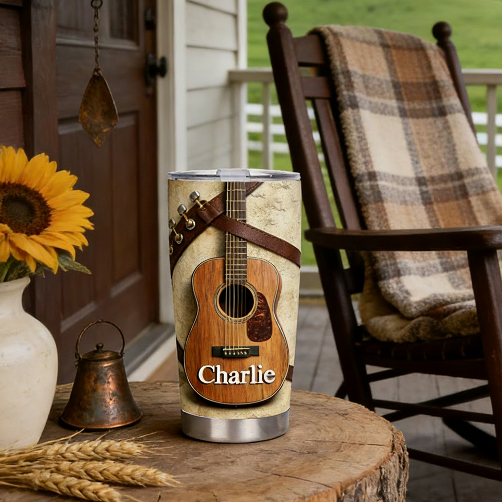 Personalized 2D Flat Rustic Melody 20oz Tumbler Custom Country Music Guitar Themed Tumbler for Music Lovers