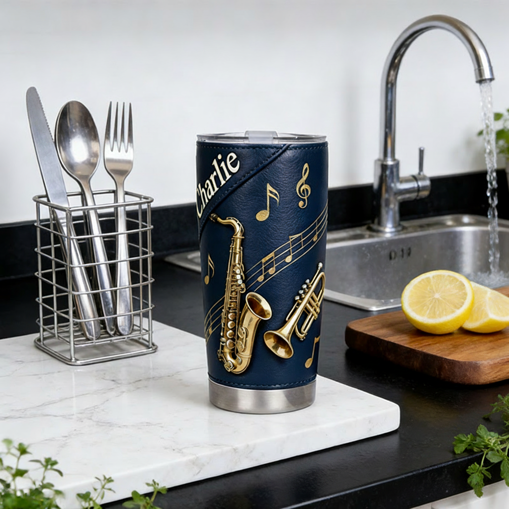 Personalized 2D Flat Golden Jazz Harmony 20oz Tumbler Custom Saxophone Themed Tumbler for Music Lovers