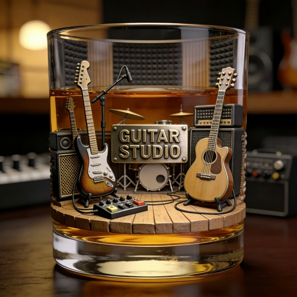 Personalized Guitar Studio Themed Whiskey Glass with Custom Text Whiskey Glass Engraved Glasses Gift for Guitar Players Musicians Music Producers