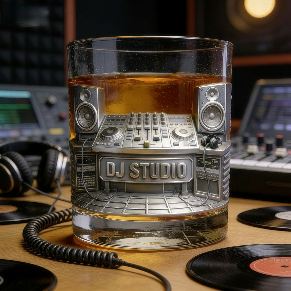 Personalized DJ Studio Themed Whiskey Glass with Custom Text Whiskey Glass Engraved Glasses Gift