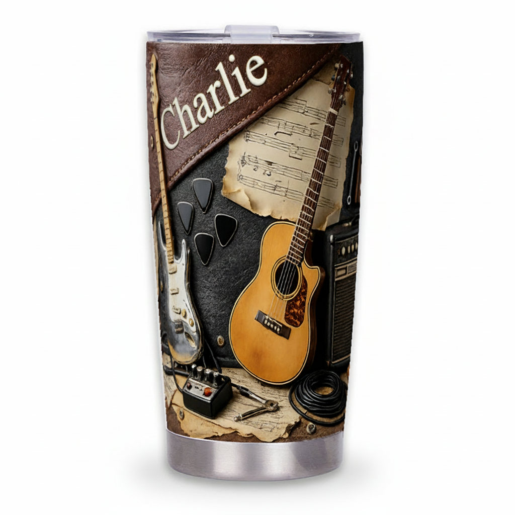 Personalized 2D Flat Dark Acoustic Vibes 20oz Tumbler Custom Guitar Themed Tumbler for Music Lovers