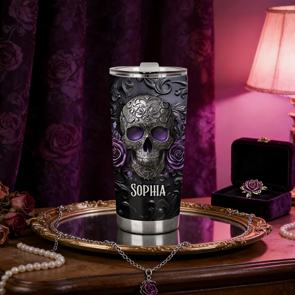 Personalized 2D Flat Gothic Rose Skull 20oz Tumbler Custom Magic Witch Themed Tumbler for Magic Lovers
