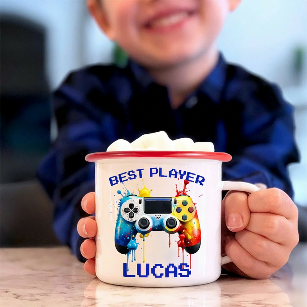 Personalized Watercor Ink Splash Controller 12oz Enamel Mug with Initial and Name Back to School Birthday Game Lover Gift for Kids