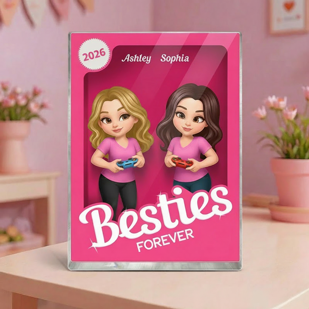 Personalized Besties Forever Pink Action Figure Acrylic Block Plaque Customizable with Photos and Names Meaningful Gift For Best Friend Game Lovers
