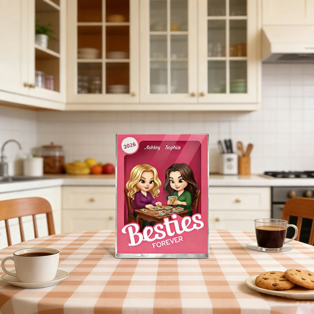 Personalized Besties Forever Pink Action Figure Acrylic Block Plaque Customizable with Photos and Names Meaningful Gift For Best Friend Tarot Lovers Magic Lovers