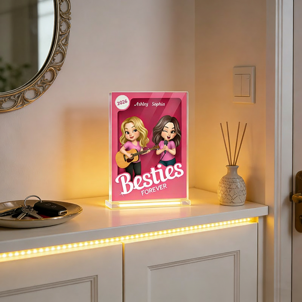 Personalized Besties Forever Pink Action Figure Acrylic Block Plaque Customizable with Photos and Names Meaningful Gift For Best Friend Guitar Lovers Music Lovers