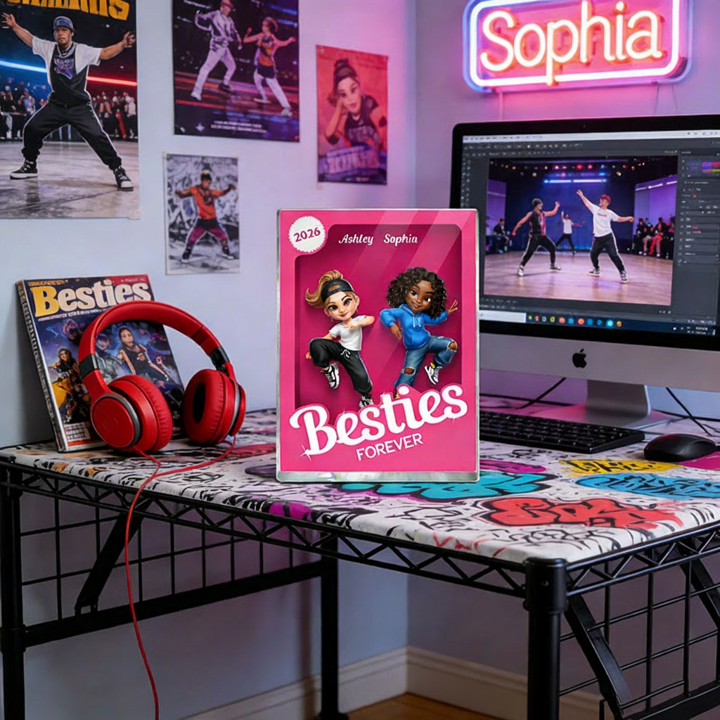 Personalized Besties Forever Pink Street Dance Action Figure Acrylic Block Plaque Customizable with Photos and Names Meaningful Gift for Best Friend Dance Lovers