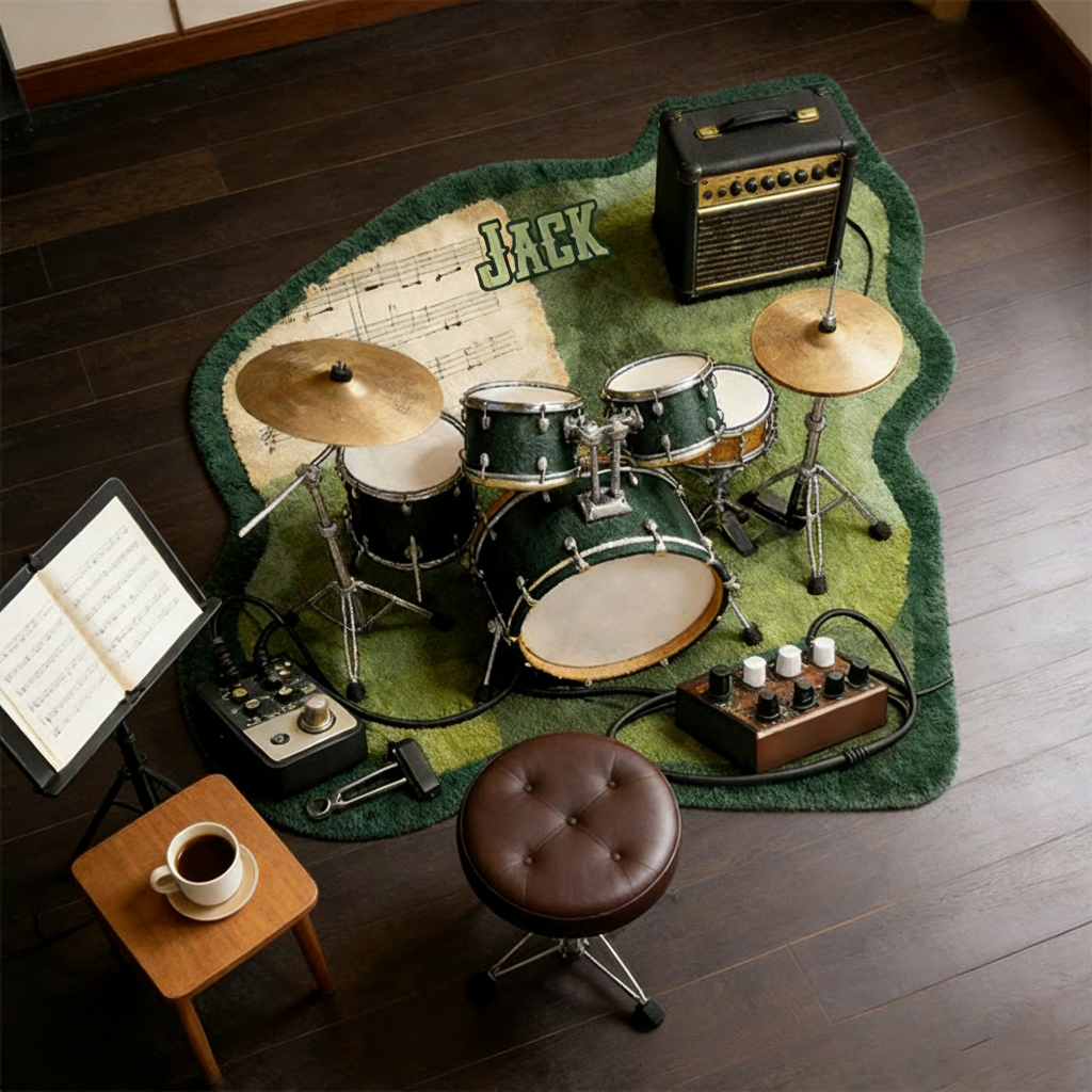 Personalized 2D Flat Green Groove Rug for Music Lovers Gift for Kids Music Studio