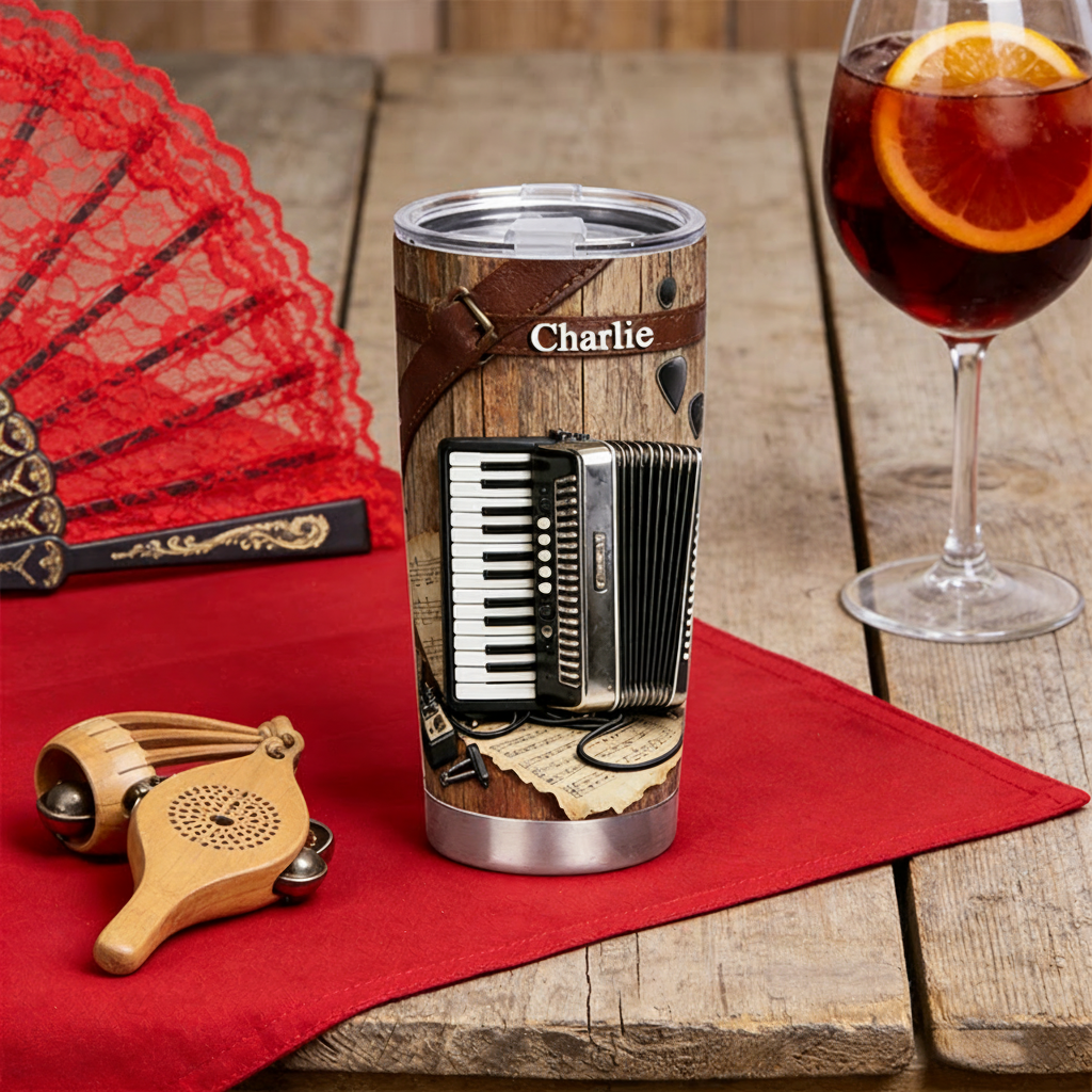 Personalized 2D Flat Accordion Elegance  20oz Tumbler Custom Music Themed Tumbler for Music Lovers