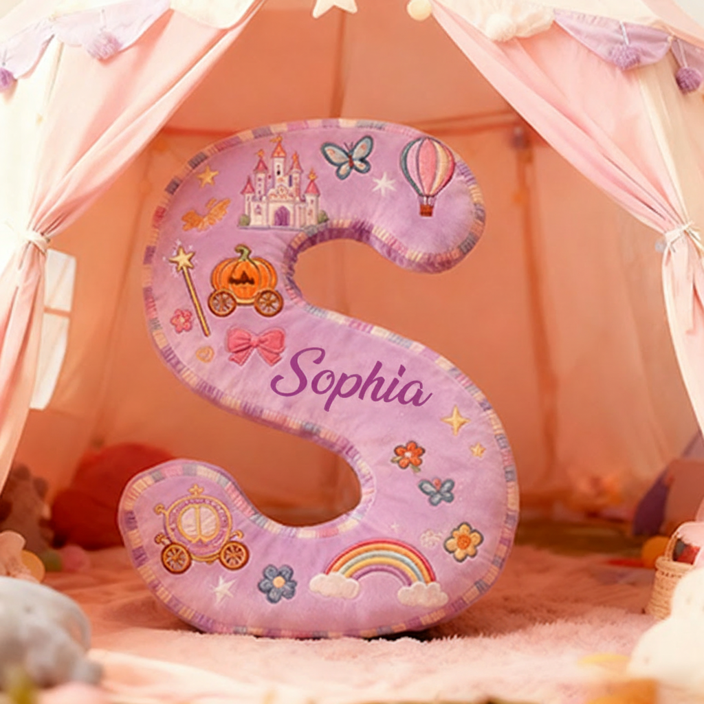 Personalized Princess Letter Christmas Gift Pillow Purple Design and Fairytale Embroidery Graphic 3D Print Pillow for Kids