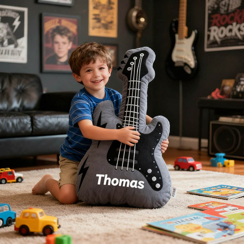 Personalized Graphic 3D Print Electric Guitar Pillow With Your Own Name Soft Stuffed Toy for Rock Music Lovers Unique Decorative Cushion for Boys' Room and Music Room