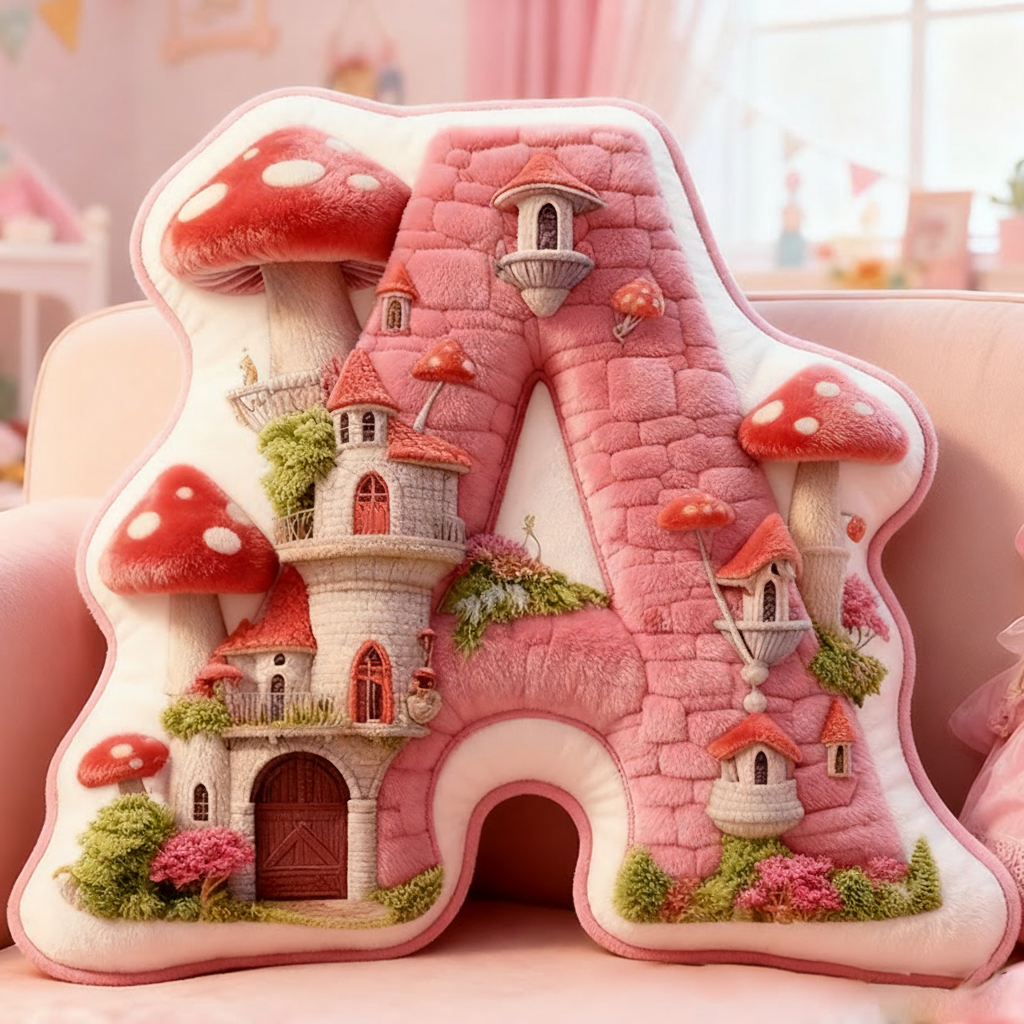 Personalized Letter Pillow with Mushroom House Design Pink Fairy Tale Theme Enchanted Tower and Magical Decorative Touch Graphic 3D Print Pillow