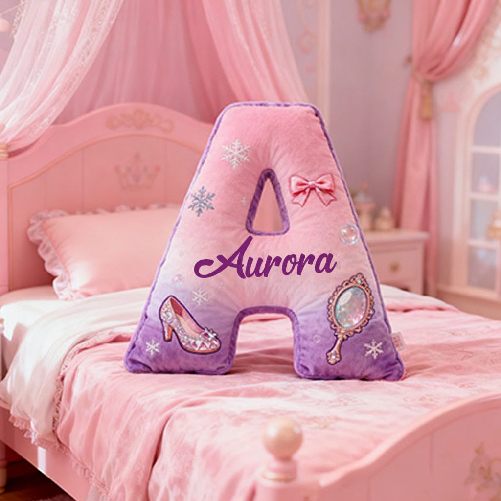 Personalized Colorful 26Letters Magic Mirror and Crystal Shoe Cute Graphic 3D Print Pillow Cute Magic Beautiful Letter Custom Pillow Gift for Kids