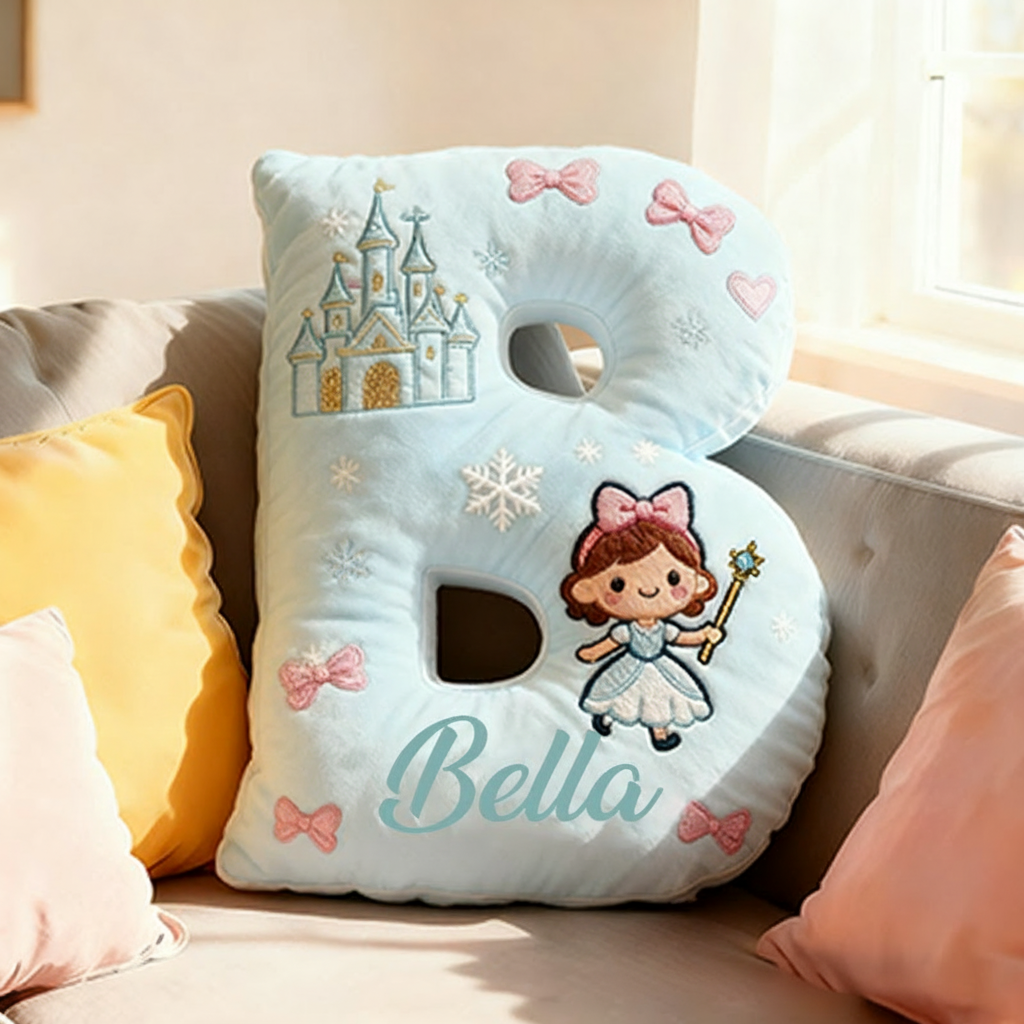 Personalized Light Blue Letter Christmas Gift Pillow with Castle Bow Accents and Fairy Princess Design for a Magical and Whimsical Touch 3D Print Pillow