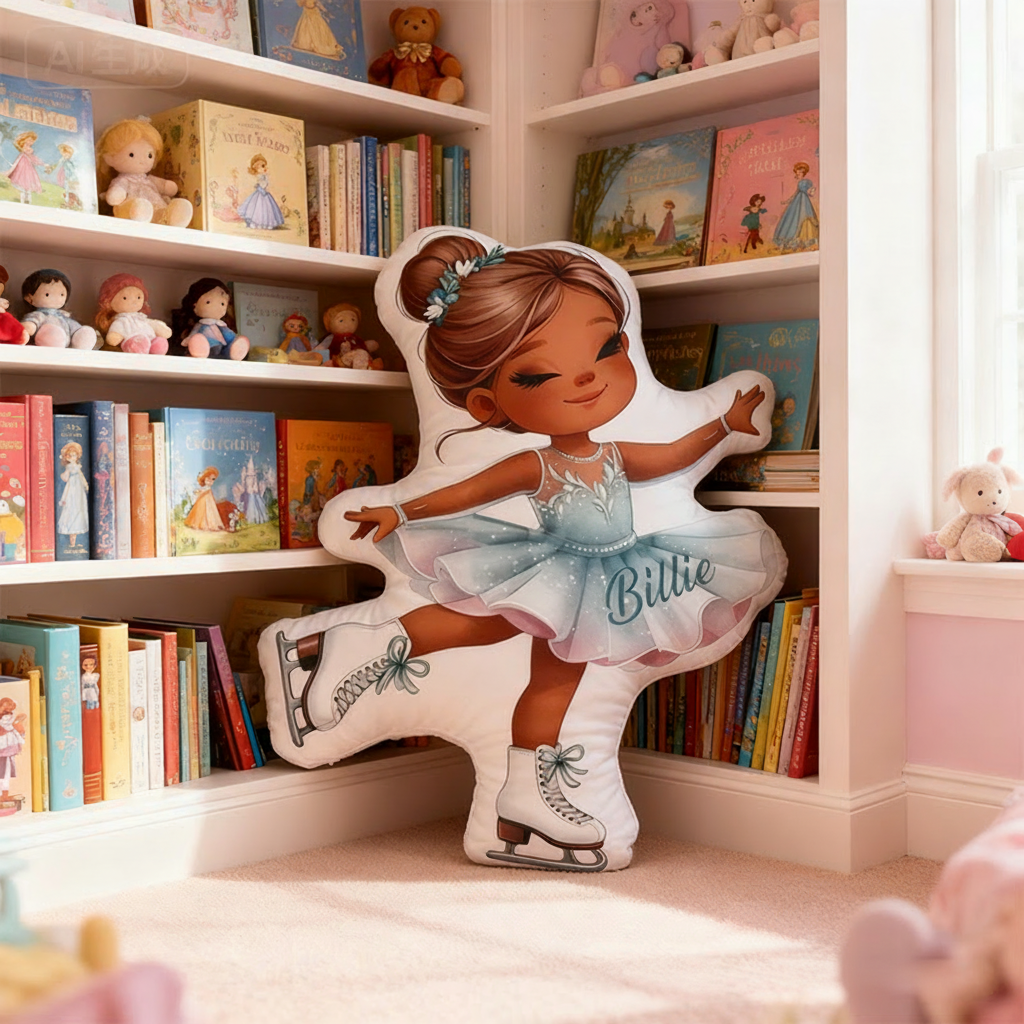 Personalized Graphic 3D Print Ice Skating Blue Girl Shaped Pillow for Ice Skate Lovers Pillow Christmas Gift for Kids