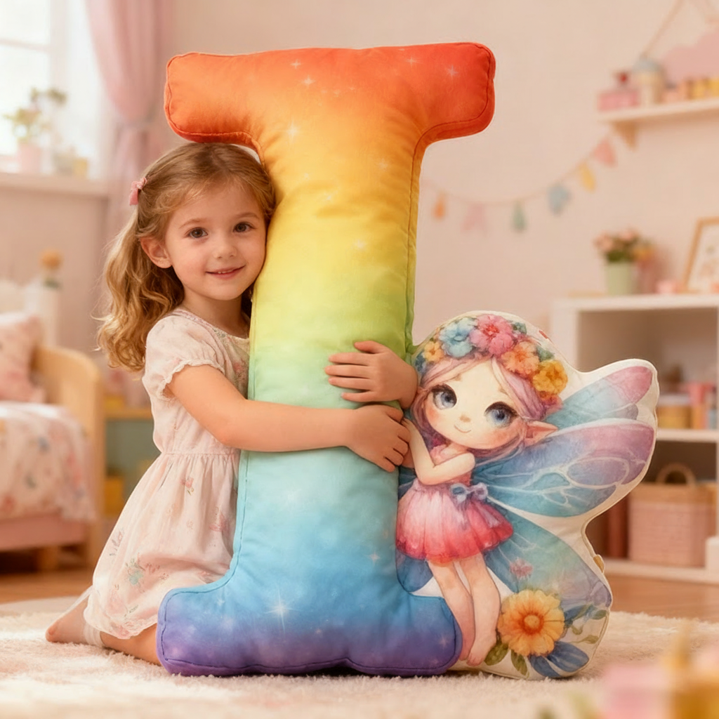 Personalized Letter Christmas Gift Pillow with Gradient Sparkling Fairy Colorful Wings and  Magical Style Graphic 3D Print Pillow for Kids