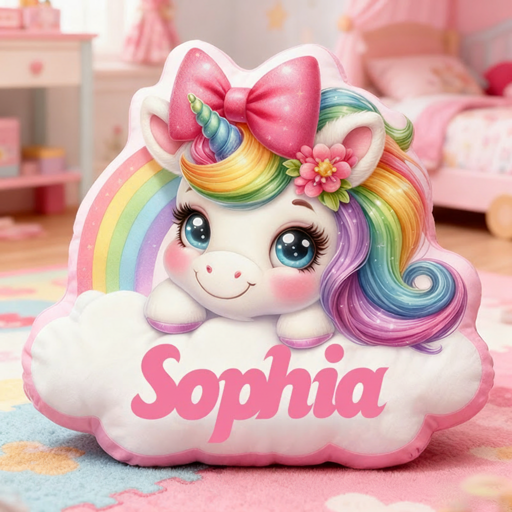 Personalized Christmas Gift Pillow Pastel Colors Custom Name and Whimsical Fantasy Style Graphic 3D Print Pillow for Kids