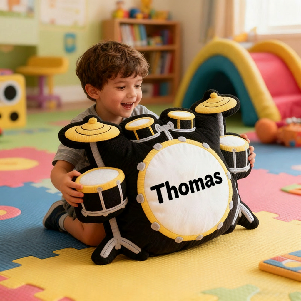 Personalized Graphic 3D Print Drum Set Pillow With Your Own Name Soft Stuffed Toy for Kids Unique Decorative Cushion for Boys' Room and Music Room