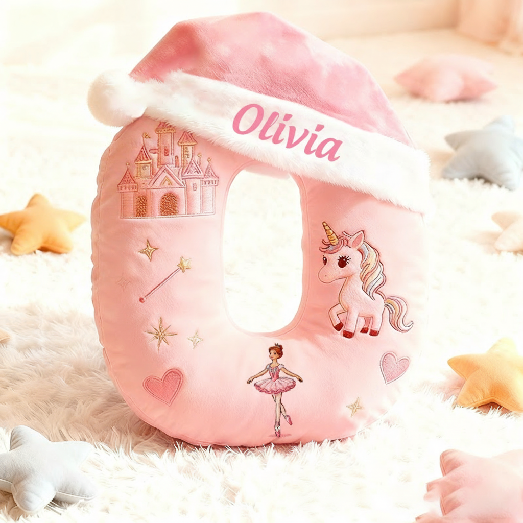 Personalized Pink Letter Pillow with Santa Hat Castle Ballerina Stars and Fairytale-Inspired Design Magic Graphic 3D Print Pillow