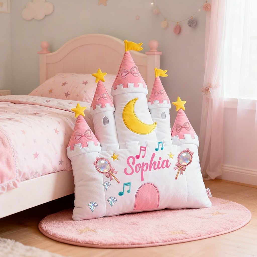 Personalized Castle Pillow with Magic Wand and Moon Design for Magical and Cozy Fairy Tale Pillow Custom Pillow Gift for Kids