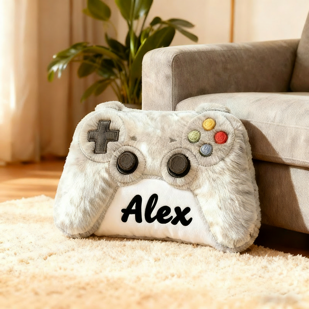 Personalized Graphic 3D Print Grayish White Game Controller Shaped Pillow for Game Lovers Plush Pillow Christmas Gift for Kids