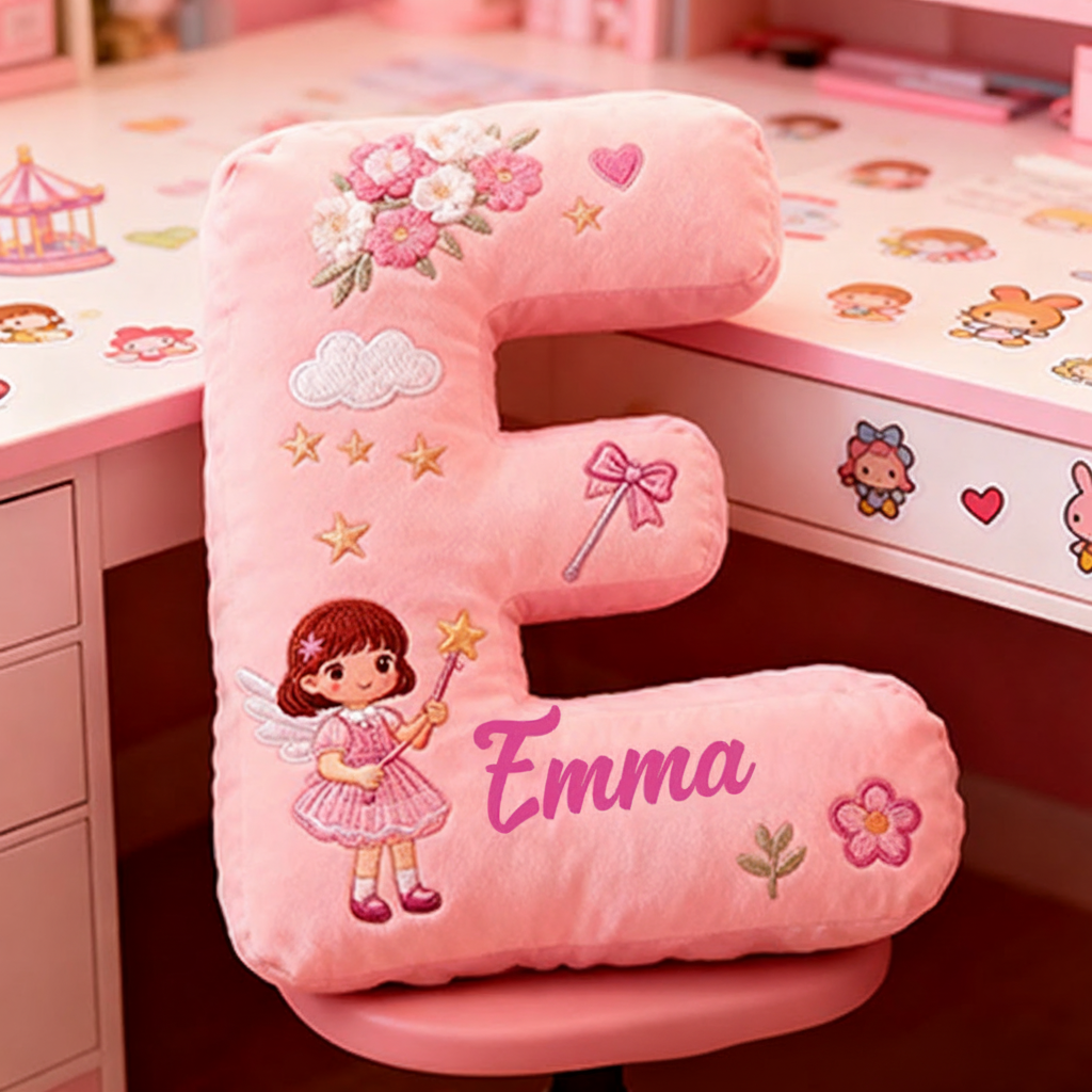 Personalized Pink Letter Christmas Gift Pillow Pink Fairy Tale Design Carousel Magic Wand Flowers and Whimsical Embroidery Graphic 3D Print Pillow