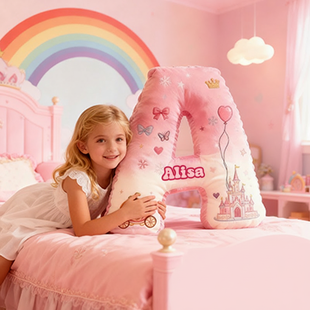 Personalized Letter Christmas Gift Pillow Princess Theme Castle Pumpkin Carriage Crown Balloons and Whimsical Fairy Tale Design Graphic 3D Print Pillow