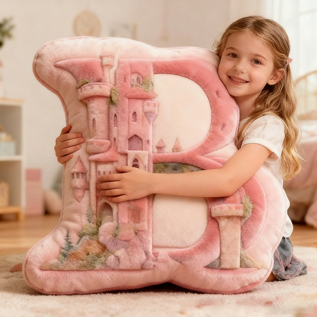 Personalized Pink Letter Christmas gift Pillow with Fairy Tale Castle Design Pink Fantasy Theme Dreamy Princess Style Graphic 3D Print Pillow
