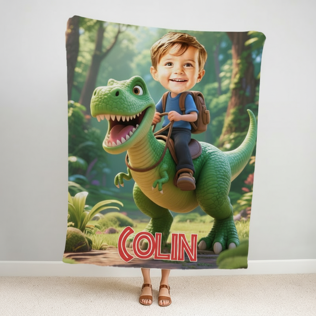 Personalized Cartoon Photo Dinosaur Movie Blanket Kids Flannel Blanket Movie Blanket with Name for Boys Son