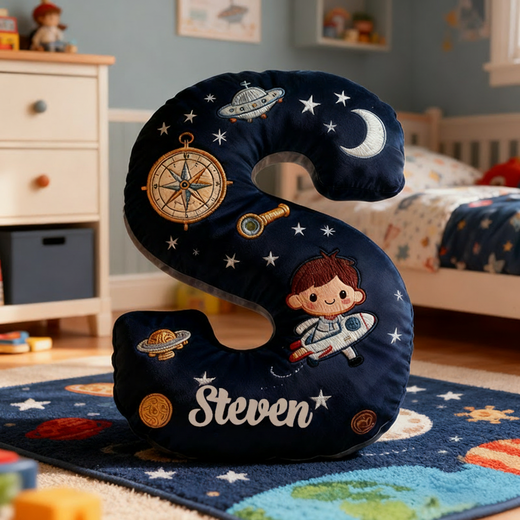Personalized Space Themed Christmas Gift Pillow with Stars Moon Spaceship Compass Telescope and Astronaut Design Graphic 3D Print Pillow