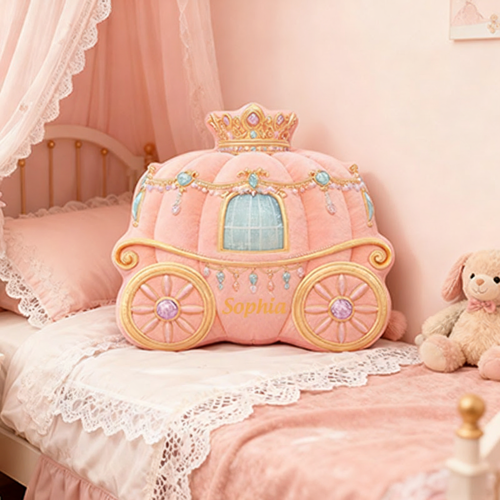Personalized Princess Carriage Christmas Gift Pillow Soft Pastel Pink Theme and Custom Name Fairy Tale Inspired Room for Kids