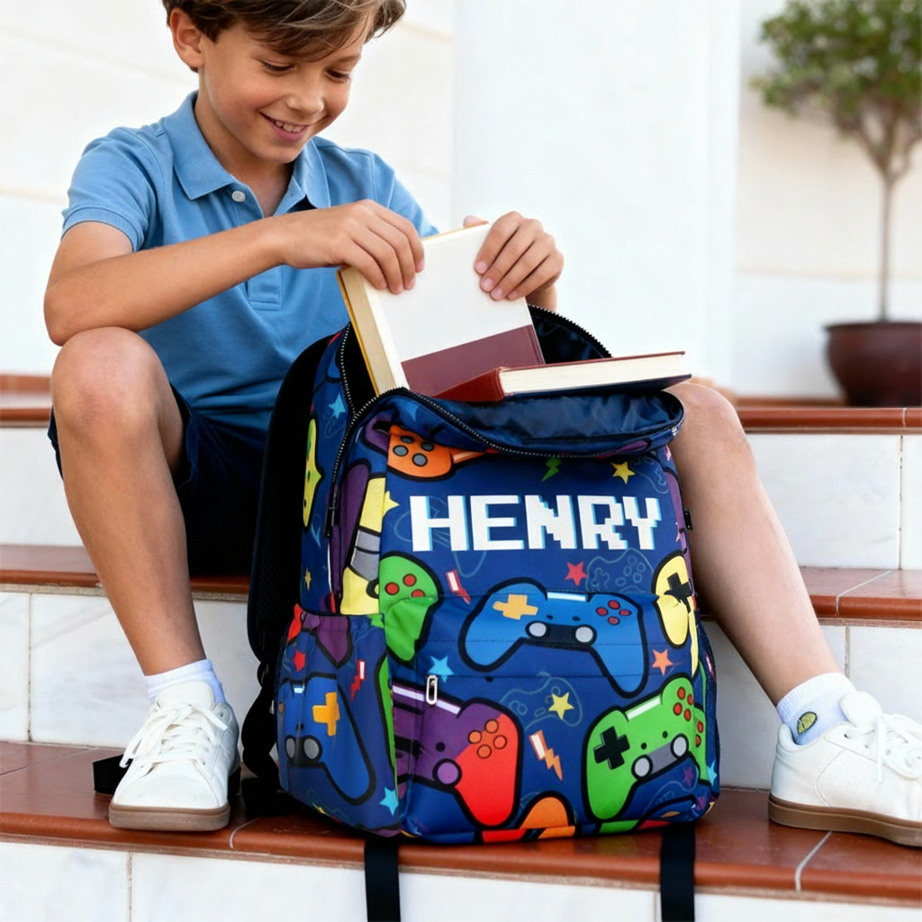 Personalized Game Controller Pattern Backpack with Name and Initial Back to School Game Lover Gift for Boys Girls
