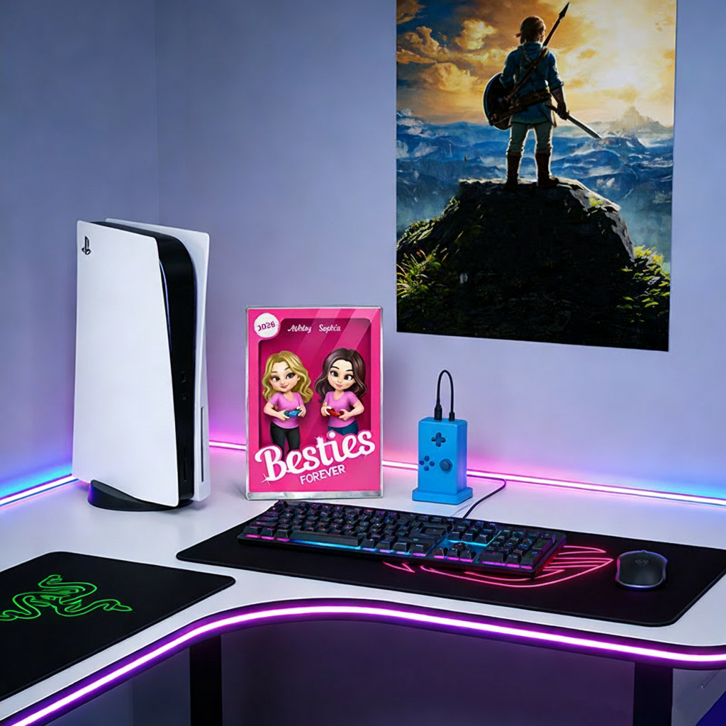 Personalized Besties Forever Pink Action Figure Acrylic Block Plaque Customizable with Photos and Names Meaningful Gift For Best Friend Game Lovers