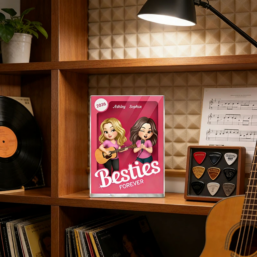 Personalized Besties Forever Pink Action Figure Acrylic Block Plaque Customizable with Photos and Names Meaningful Gift For Best Friend Guitar Lovers Music Lovers