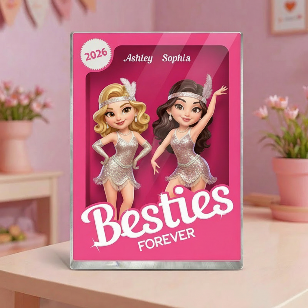 Personalized Besties Forever Pink Jazz Dance Action Figure Acrylic Block Plaque Customizable with Photos and Names Meaningful Gift for Best Friend Dance Lovers