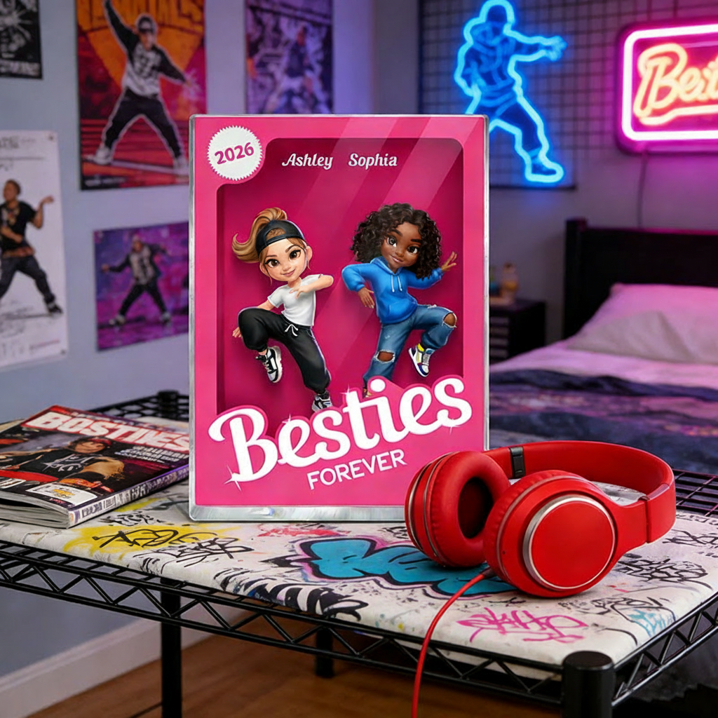 Personalized Besties Forever Pink Street Dance Action Figure Acrylic Block Plaque Customizable with Photos and Names Meaningful Gift for Best Friend Dance Lovers