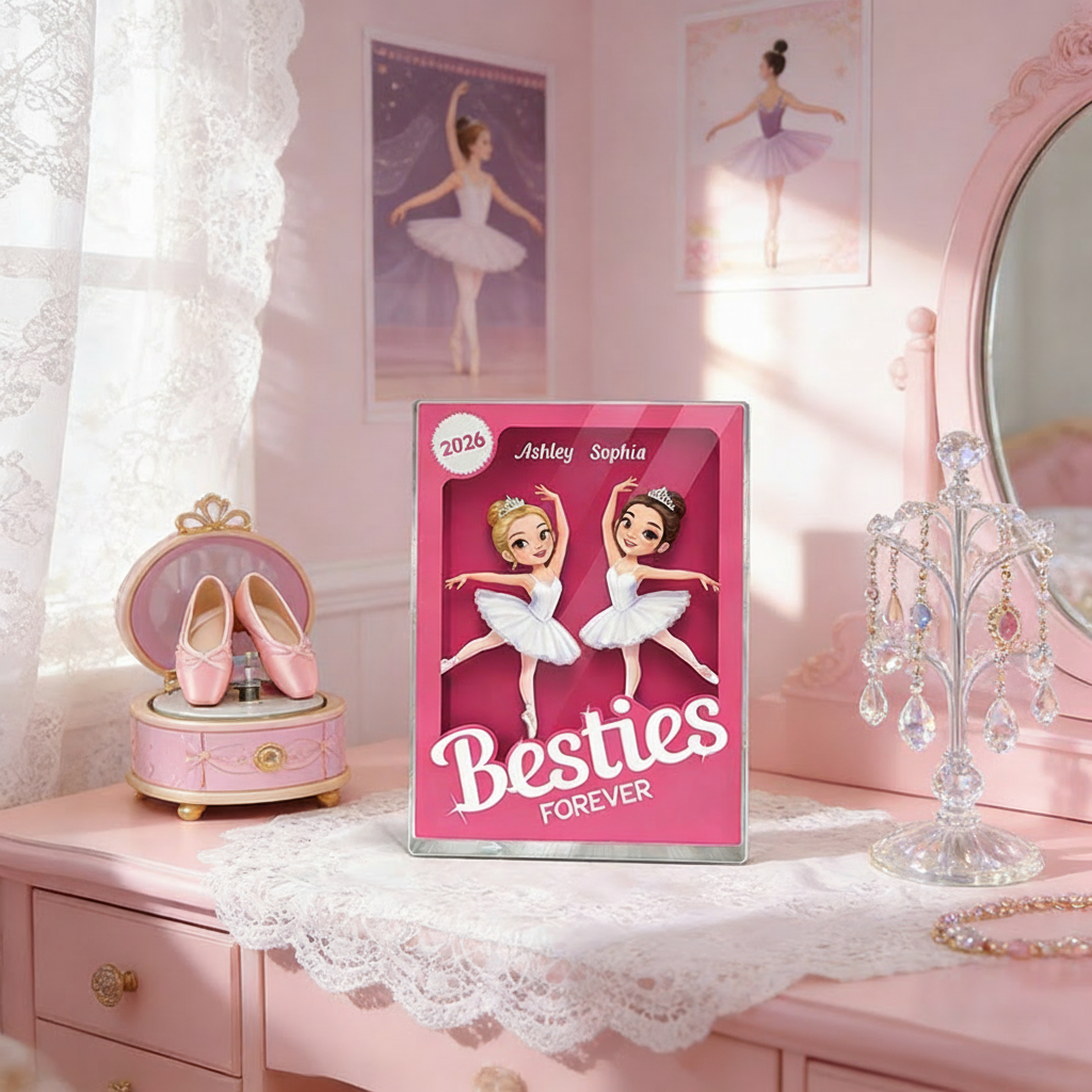 Personalized Besties Forever Pink Ballet Action Figure Acrylic Block Plaque Customizable with Photos and Names Meaningful Gift For Best Friend Dance Lovers