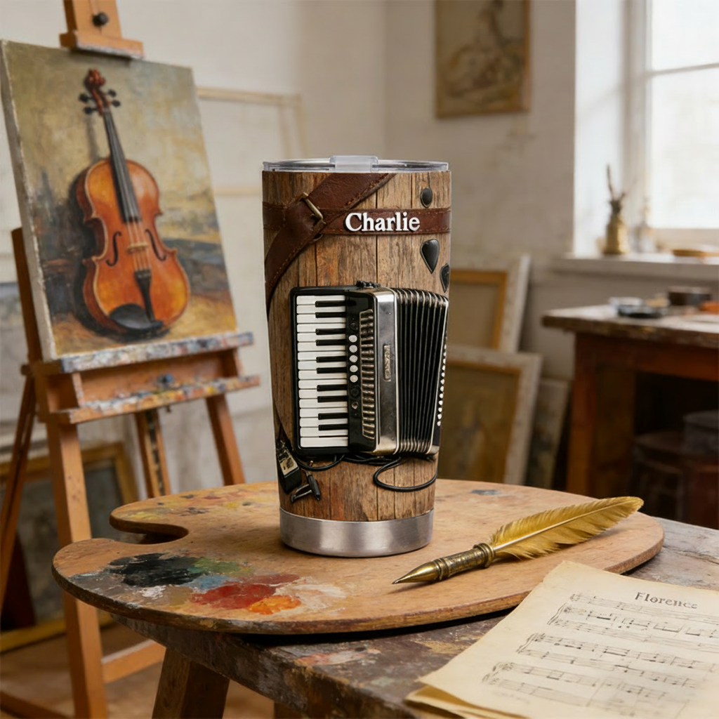 Personalized 2D Flat Accordion Elegance  20oz Tumbler Custom Music Themed Tumbler for Music Lovers