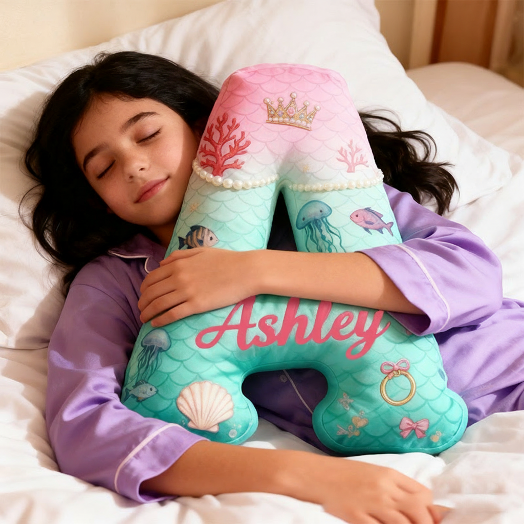 Personalized Graphic 3D Print Cartoon Ocean And Love Tale Alphabet Shaped Pillow for Cartoon Lovers Initial Pillow Christmas Gift for Kids